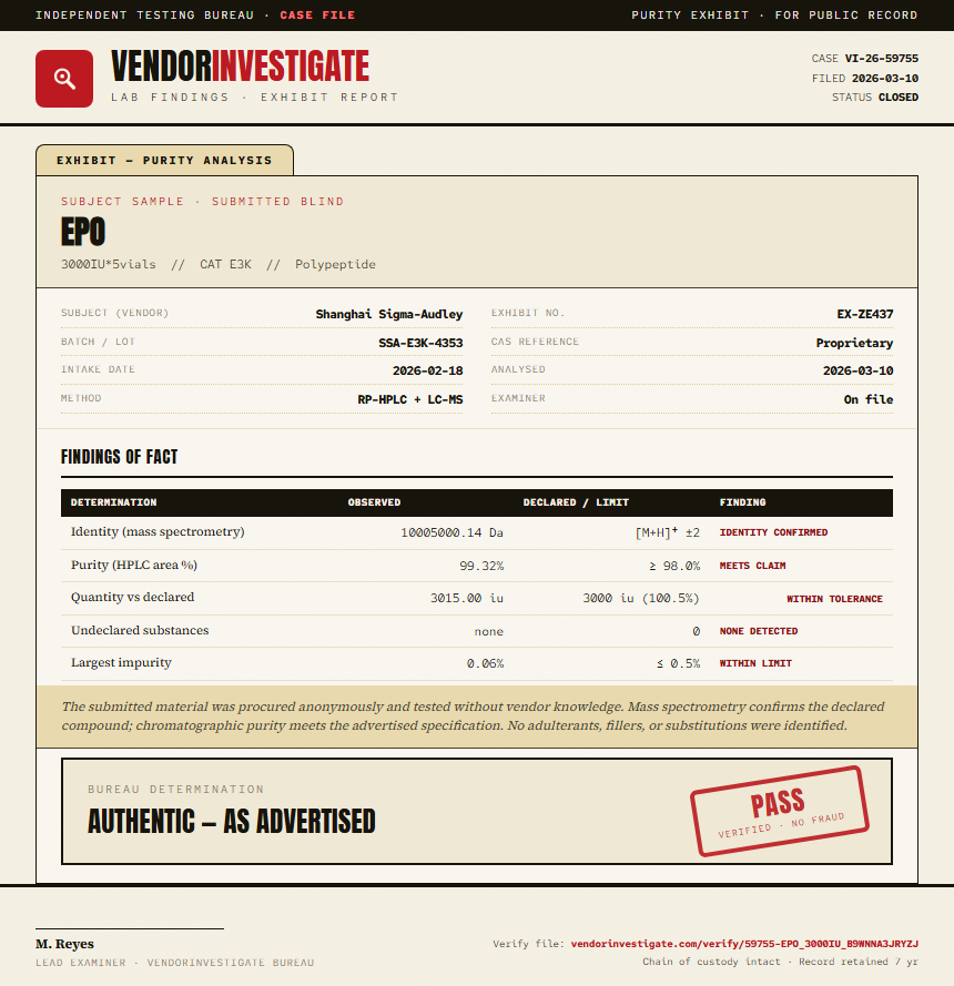 EPO Purity (HPLC) report by VendorInvestigate