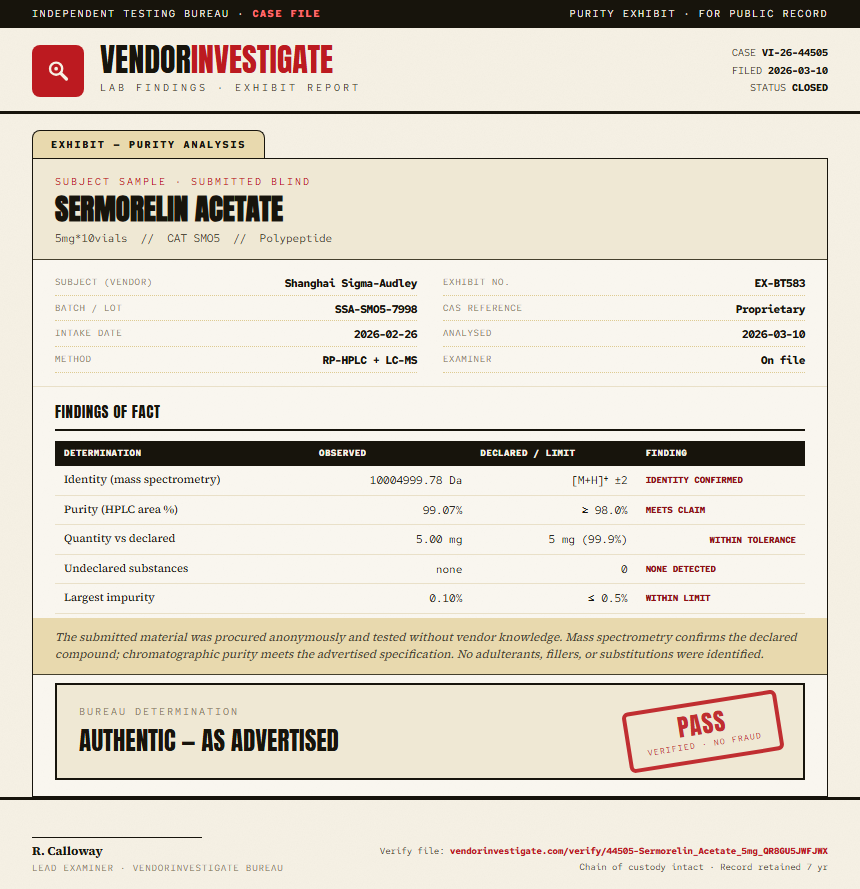Sermorelin Acetate Purity (HPLC) report by VendorInvestigate