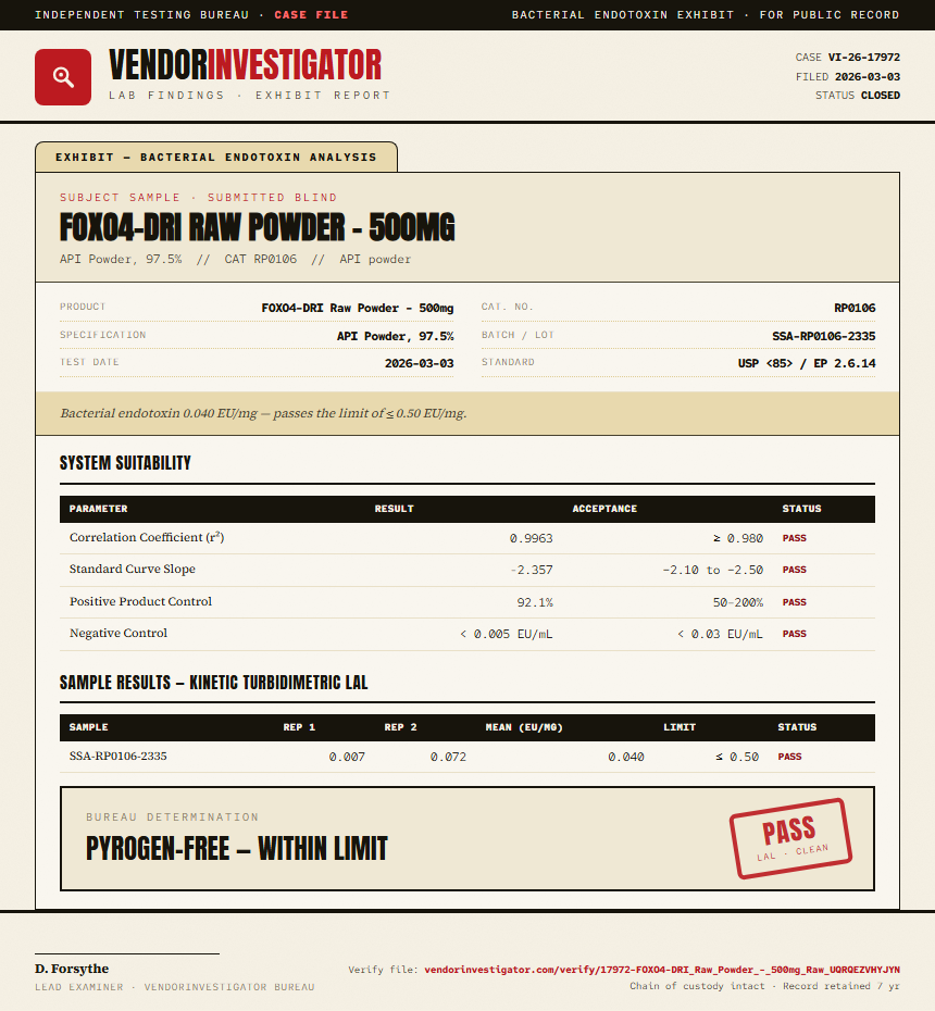 FOXO4-DRI Raw Powder - 500mg Endotoxin report by VendorInvestigator