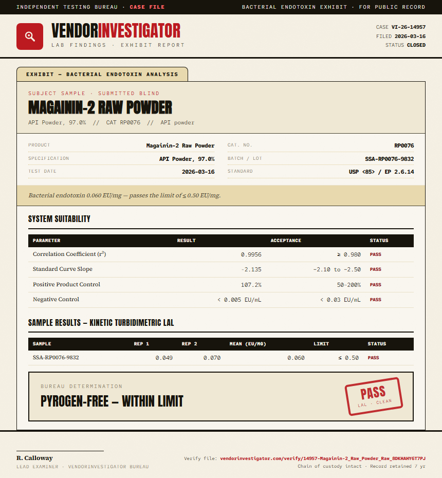 Magainin-2 Raw Powder Endotoxin report by VendorInvestigator
