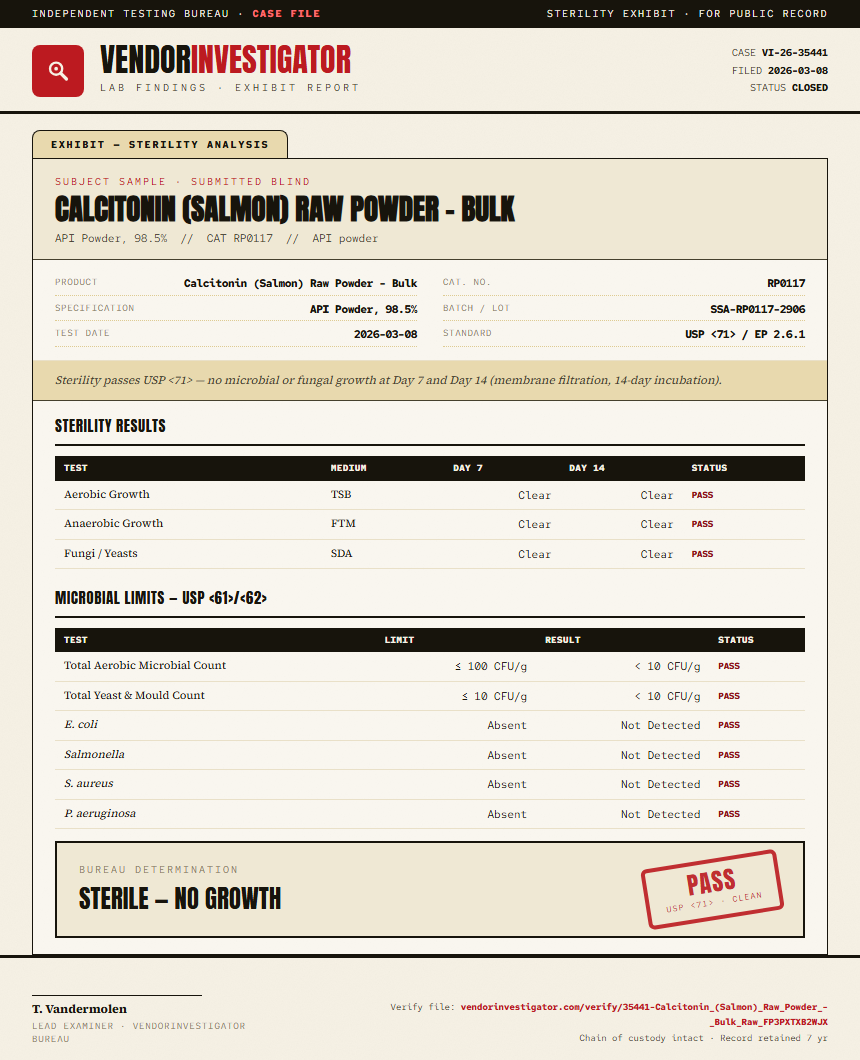 Calcitonin (Salmon) Raw Powder - Bulk Sterility report by VendorInvestigator